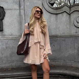 Spring and Summer 2025 New Fashionable Elegant Loose Comfortable Half-high Collar Ruffled Lace-up dress Women Cross-border Europe and America