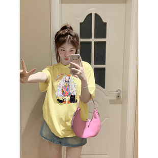 Loose Trendy Brand Cotton Round Neck Short-sleeved T-shirt Women's 2024 Summer New Explosions Small Shoulder Top