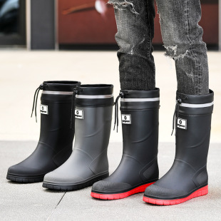Mid-Calf Men's Fashionable Water Shoes with Drawstring, Waterproof and Non-Slip Rain Boots, High-Top Fleece-Lined Cold-Proof and Warm Rain Boots, Outer Rubber Shoes