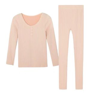 Polyester cotton autumn clothes autumn pants ladies thermal underwear suit body slim vertical strip bottoming cotton sweater a generation of hair