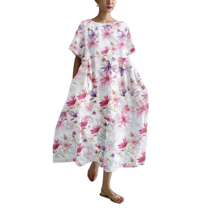 Amazon independent station cross-border foreign trade watercolor graffiti printing 2025 spring and summer new short sleeve dress C886