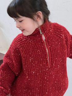 Girls Autumn and Winter New Sweater Children's Lapel Loose Pullover Knitted Coat Baby Red Festive Sweater