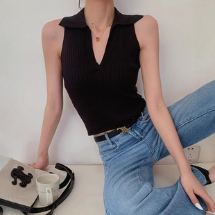 Black V-neck Vest Knitwear Women's Summer 2023 Slim-fit Slimming Short Tight Sleeveless Top