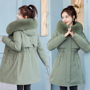 Parker Clothing 2023 New Women's Korean-style Mid-length Cotton-padded Coat Cotton-padded Coat Winter fleece-lined Cotton-padded Coat with Big Wool Collar Coat