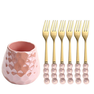 Ceramic Pearl 304 Fruit Fork Household Cake Snack Fork suit Internet Celebrity Dessert Fork Ins Style Storage Jar