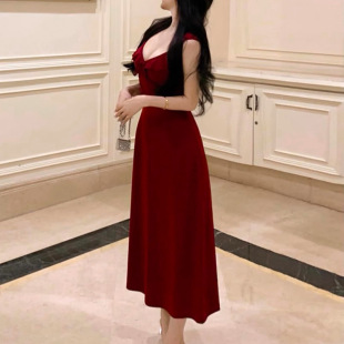 Amazon New European and American Cross-border Sleeveless Solid Color Open Back Ruffled Long Sling dress Female PG4097#