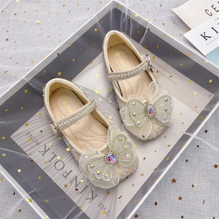 Girls Shoes 2023 Spring and Autumn New Aisha Crystal Shoes Children Princess Shoes Rhinestone Little Girl Leather Shoes Baby Shoes