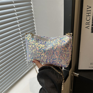 Color Contrast Sequin Underarm Bag Handbag Women's 2024 New Summer Casual Chain Small Square Bag Fashionable Shoulder Bag