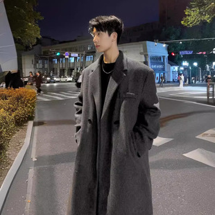 Hong Kong-style Coat Men's 2024 Mid-length Winter Thickened Loose Over-the-knee Men's Trenchcoat Korean-style Woolen Suit Jacket