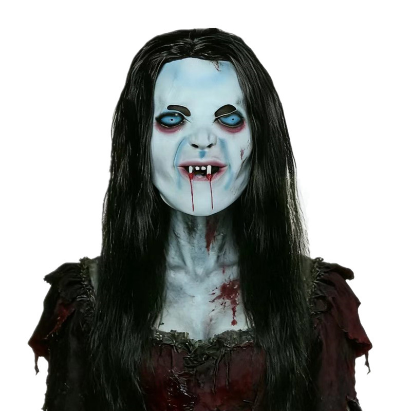 Halloween Horror Sadako Mask Escape Room Haunted House Murder Mystery Prank Scary Hair-Covered Vinyl Headgear