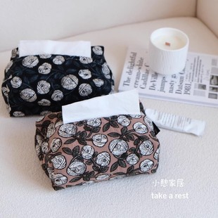 Simple Japanese-Korean Style Heavy Industry Rose Embroidered Tissue Box Cotton and Linen Fabric Embroidered Tissue Cover Tissue Bag Tissue Storage