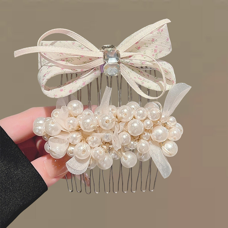 Light Luxury Baroque Pearl Lace Hair Comb Clip for Women, High-End Hair Styling Tool, Bangs Clip, Niche Hair Accessory