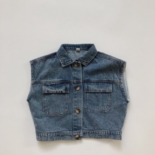 Autumn 2024 New Korean Style Boys and Girls Baby All-match Loose Denim Vest Children's Retro Old Coat
