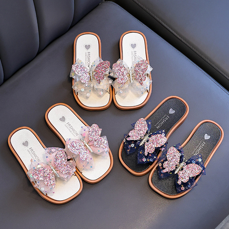 Girls' slippers with lively butterfly design, new summer style, indoor and outdoor, non-slip, soft sole, children's beach, versatile princess sandals.