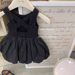 TIMO Korean Children's Wear Girls' Backless Little Black Dress Girls' Korean Style Flower Bud Dress Children's Puff Dress Vipped Dress