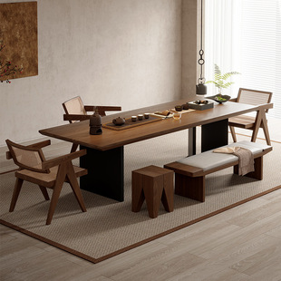 Quiet Style Solid Wood Tea Table Log Large Board Office Reception Tea Table and Chair Combination Home Living Room Kung Fu Tea Table