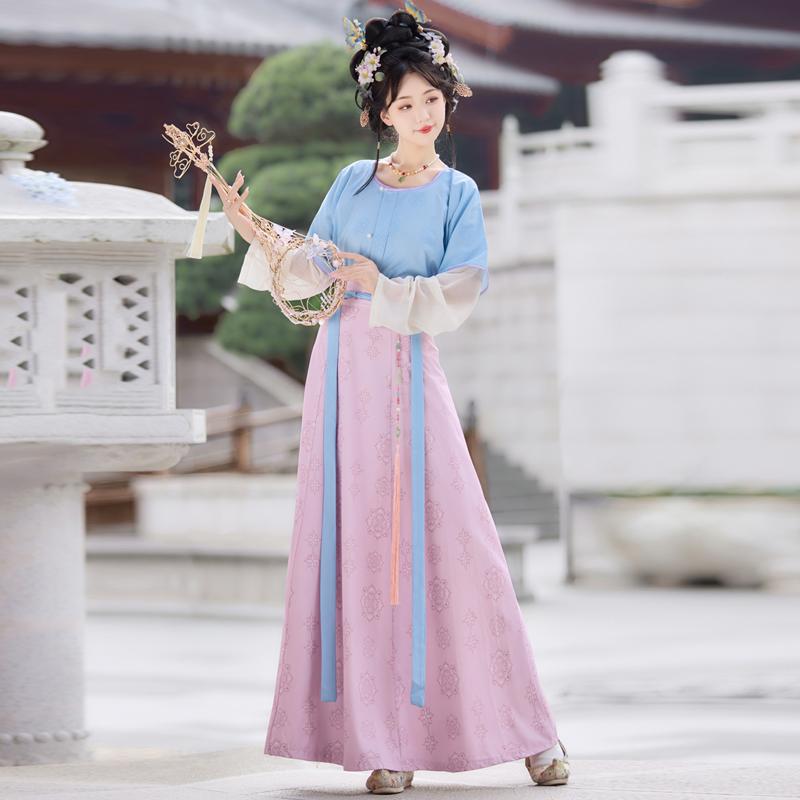 Yao Pu Yan's New Original Tang-Style Hanfu Printed Tancollet Tang Beizi Spring/Summer Round-Neck Shirt and Waist-Length Skirt for Daily Wear