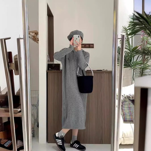 Autumn 2024 New Lazy Style Casual Hooded Sweater Loose Slimming Simple Long Knitted dress Dress for Women