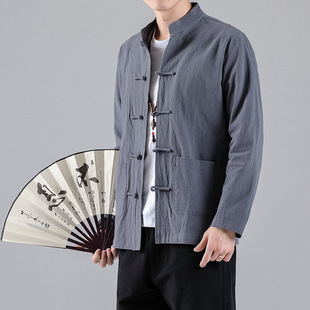 Chinese Style Men's Linen Long-sleeved Base Shirt Men's plus size Buckle Standing Collar Tang Suit Chinese Style Vintage Cotton and Linen Shirt