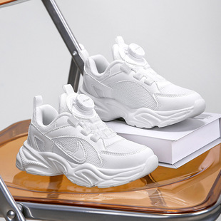 Children's School White Shoes Summer Mesh Breathable Non-slip Rotating Button Pure White All-match Fashion Sports Children's Shoes
