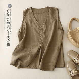 Summer 2024 New Artistic Cotton and Linen Vest Jacket Single-breasted Stacked Sleeveless Vest Simple Short Vest for Women