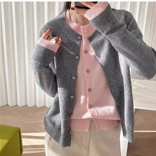 Fake Two-piece Wool Knitted Cardigan Women's Crewneck Early Autumn New Stacked and Stitched Contrast Color Sweater Color-matching Wool Jacket