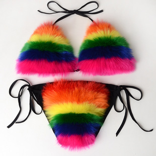Cross-border imitation fox fur swimsuit women's underwear beach bikini European and American sexy split imitation fur bikini