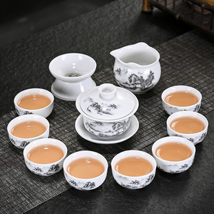 Pure White blue and white kung fu tea set wholesale home office bowl tea cup ceramic gift box creative LOGO