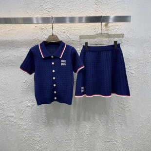 25 early spring new mm academic style embroidery letter twist design polo collar short sleeve top skirt two-piece set