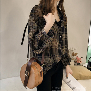 Long Sleeve Shirt Women's 2022 Summer New Korean Loose Large Size Puff Sleeve Plaid Top Belly Covering Chiffon Shirt