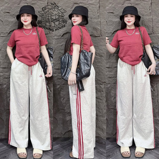 American Vintage suit Women's Summer New Loose Letter Embroidered Short-sleeved Side Striped Wide-leg Pants Casual Two-piece Set