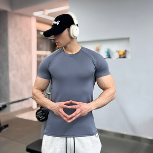 Cross-Border New American Style Raglan Elastic Quick-Drying Short-Sleeved T-Shirt Men's Sports Fitness Pure Color Breathable Round Neck Slim Fit Clothing