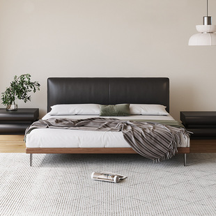 Italian Style Minimalist Leather Bed Retro Thin Bedside Bed Retro Style Solid Wood Soft Bag Bed Modern Simple Thin Bean Curd Block Bed