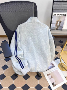 American-style Heavy Gray Three-bar Sweater for Boys Spring and Autumn Sportswear Style Collar Jacket High-end Cardigan Jacket