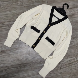 Wang Fried Single Product!! Star Style Elegant Cardigan Women's V-neck Single-breasted Color Contrast Loose 2021 Early Autumn Sweater