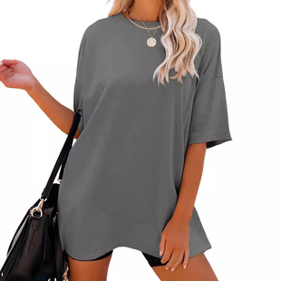 Cross-border Amazon Independent Station Foreign Trade Europe and the United States Loose Solid Color Shoulder Sleeve T-shirt Women's 2024 Summer Round Neck Top
