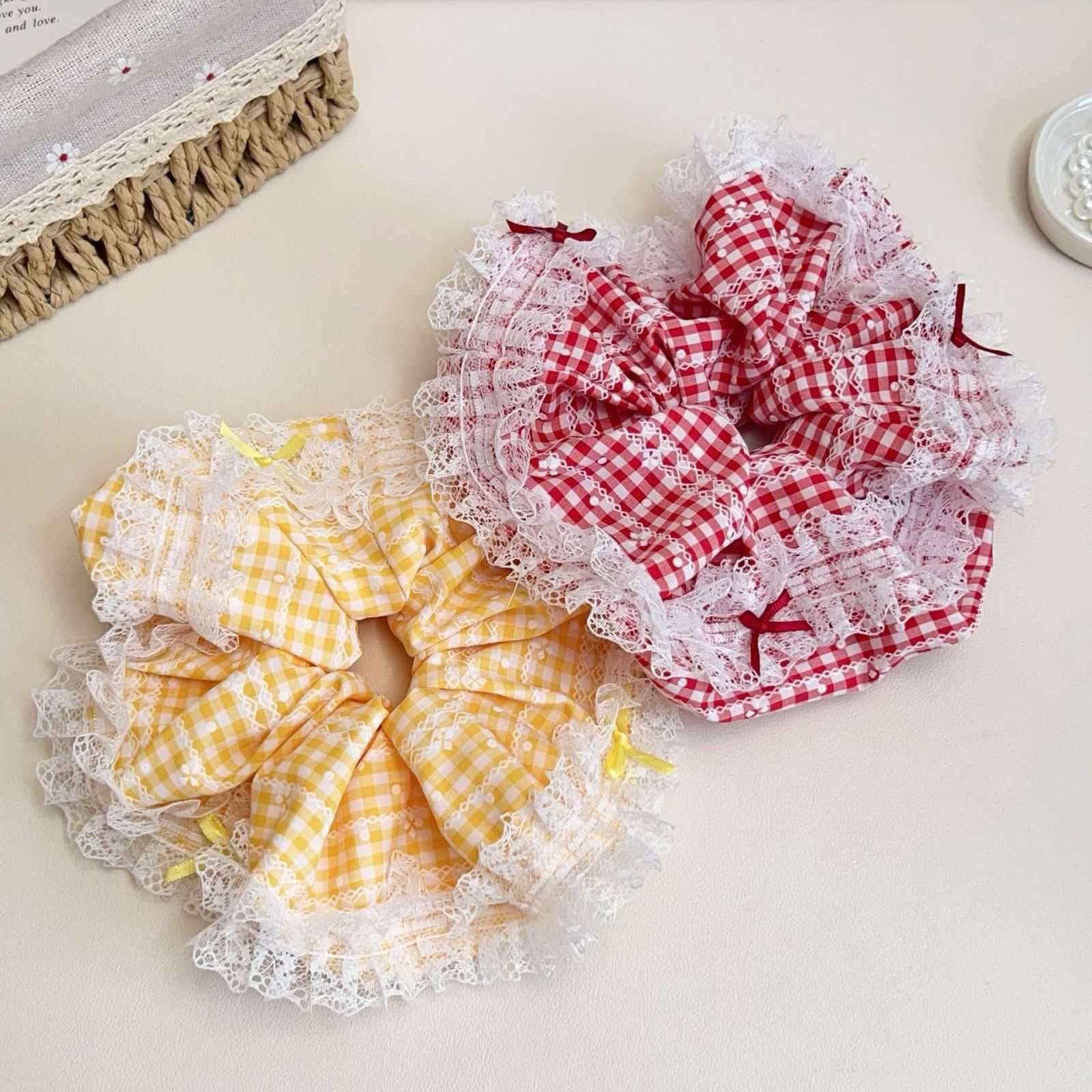 Lace Plaid Scrunchie for Women, French Romantic Hair Tie, Low Ponytail Bun Hair Rope Hair Accessory