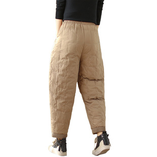 Real Shot of 2024 Winter New Style Artistic Loose Pure Color Threaded Stitching Elastic Waist Cotton Pants Women's Warm Casual Pants