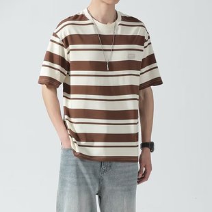 Striped T-shirt Men's Summer Loose Crewneck Fashional Casual Top Ins Japanese-style Hong Kong-style Student Couple Half-sleeve T-shirt