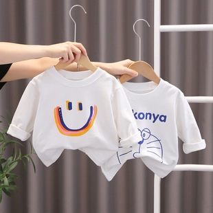 2024 Spring and Autumn New 0-4 Years Old Children Boys and Girls Printed Smiley Knitted Long Sleeve T-shirt