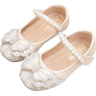 Girls Princess Shoes Spring and Autumn 2024 New Crystal Shoes Soft Sole Baby Elsa Leather Shoes Flat Children's Shoes