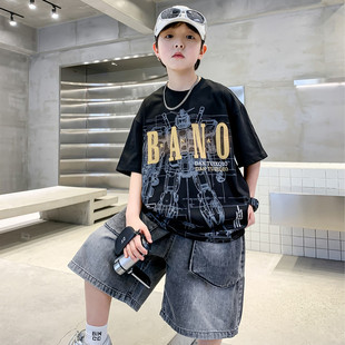 Boys' Korean Style Summer suit 2025 New Arrival Big Boy Fashionable Tooling Denim Shorts Loose Casual Short-Sleeved T-Shirt