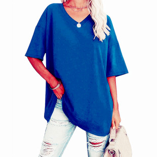 Cross-border Amazon wish European and American Foreign Trade Women's 2024 Summer New Solid Color Loose V-neck Casual Short-sleeved T-shirt