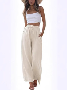 2025 Amazon AliExpress Cross-border Spring and Summer Cotton and Linen Rope Leisure Ladies Wide Leg Pants Show Leg Length