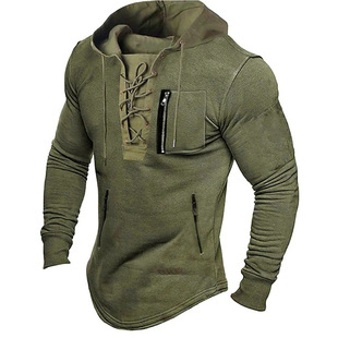2024 Men's Spring and Autumn Hoodie Solid Color Lace-up Zipper Pocket Sports Streetwear Bronzing Sweatshirt