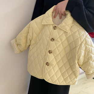 Girls' Cotton-padded Rhombus Cotton-padded jacket Coat 2024 Autumn and Winter Clothing Cartoon Hooded Knitted Sweater fleece-lined Wide Leg Pants suit