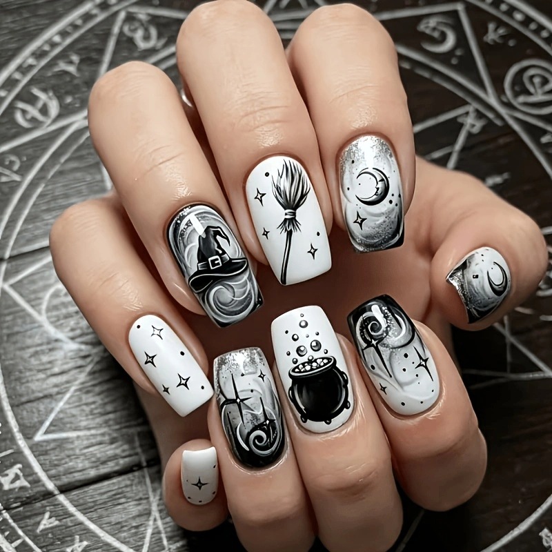 Wearable Armor Cross-Border Foreign Trade Hot-Selling Halloween Dark Witch Moonlight Whisper Black and White Hand-Painted Magic Hat Broom