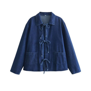 Bow Washed New Women's Denim Shirt Lapel Long Sleeve Jacket 2024 Pocket All-match