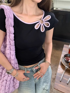 Black Shoulder Short-sleeved T-shirt Women's Summer 2025 New Ootd Wear Unique Beautiful Pure Stranged Waist Top