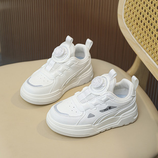 Spring Small White Shoes for Boys and Girls with Middle and Large Children's Leather Surface Breathable Foot-Lace-Up Knob-Free Children's Shoes Sports Trendy Shoes